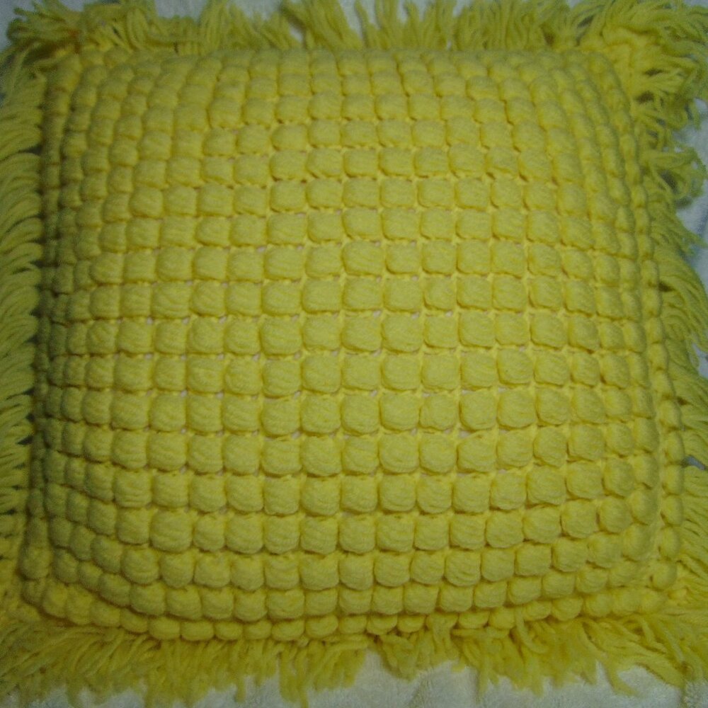 Vintage Yellow Popcorn Knit Throw Pillow, Handmade, 18 in x 18 in, plus tassels